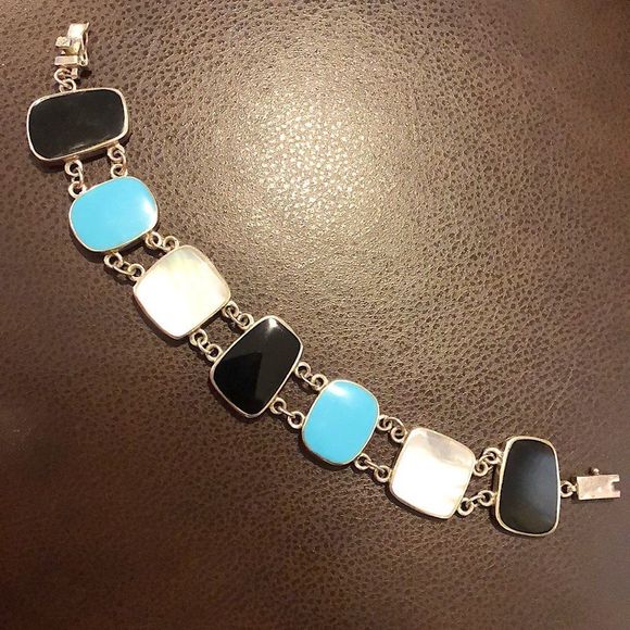 Sterling Silver Mother of Pearl Black & Turquoise Cabochon Linked Bracelet - Picture 6 of 10
